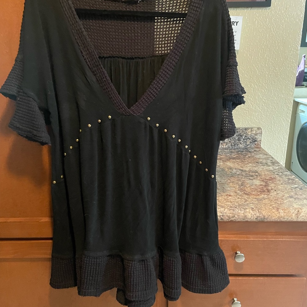 POL Black V-Neck Blouse with Stud Accents